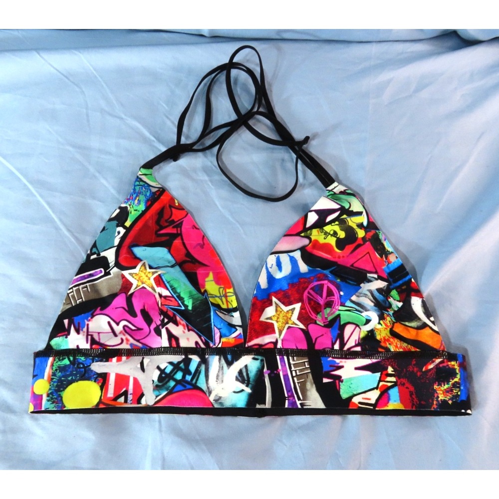PILYQ PQ Reversible Bikini Top GRAFFITI MULTI-COLOR or BLACK Seamless Halter M